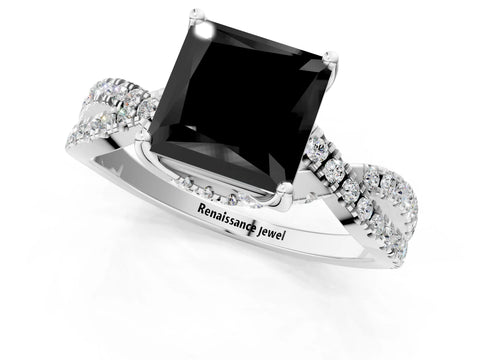 White gold Fancy Black Princess Cut Solitaire Twist Pave Diamond Engagement Ring with Prong Setting_1