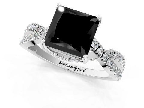 White gold Fancy Black Princess Cut Solitaire Twist Pave Diamond Engagement Ring with Prong Setting_25