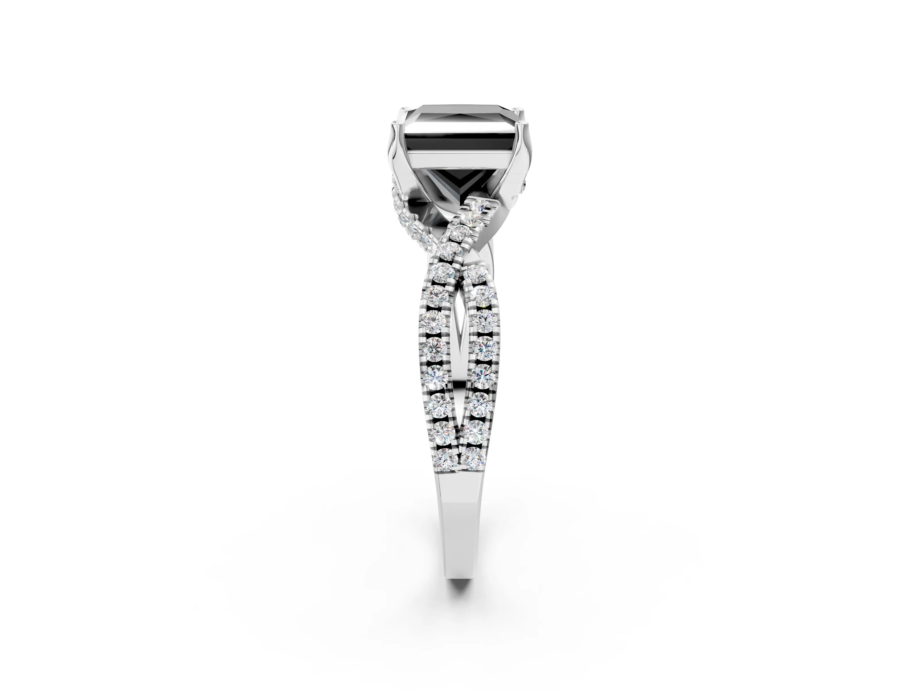 White gold Fancy Black Princess Cut Solitaire Twist Pave Diamond Engagement Ring with Prong Setting_2