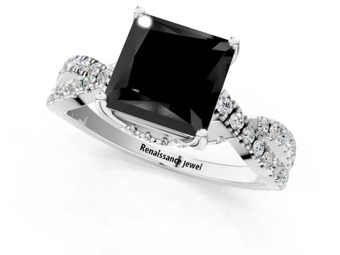 White gold Fancy Black Princess Cut Solitaire Twist Pave Diamond Engagement Ring with Prong Setting_37