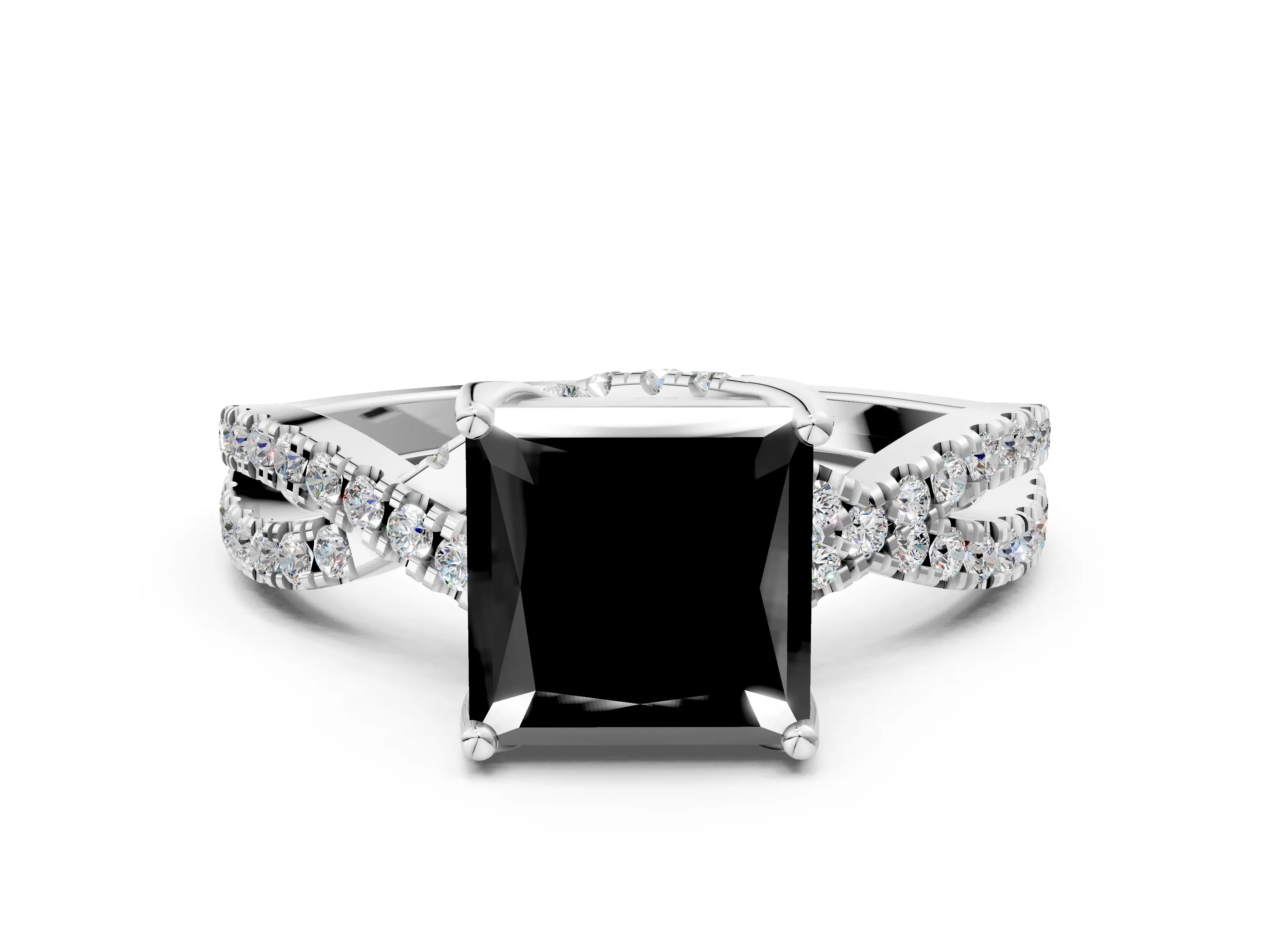 White gold Fancy Black Princess Cut Solitaire Twist Pave Diamond Engagement Ring with Prong Setting
