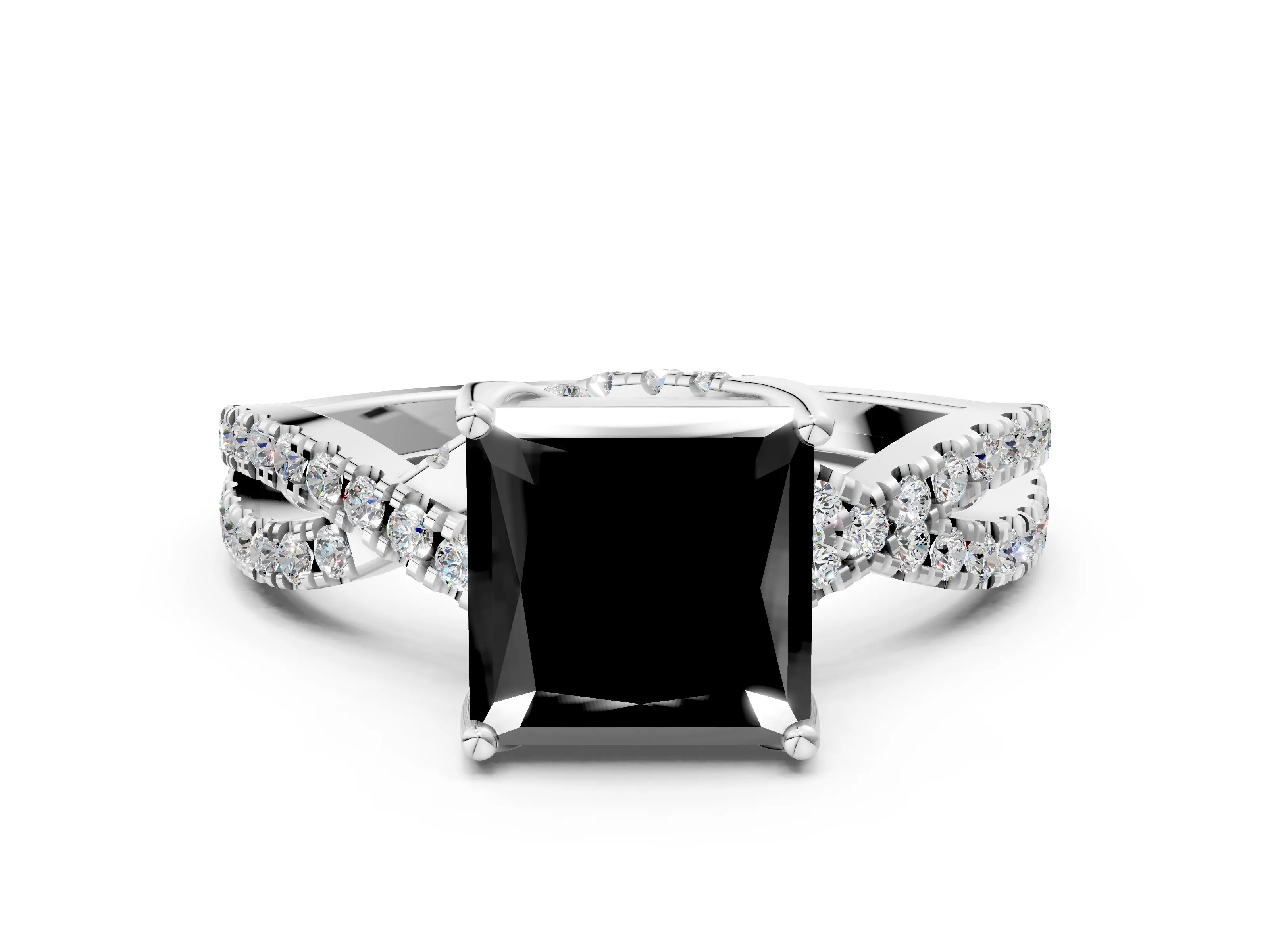 White gold Fancy Black Princess Cut Solitaire Twist Pave Diamond Engagement Ring with Prong Setting_6