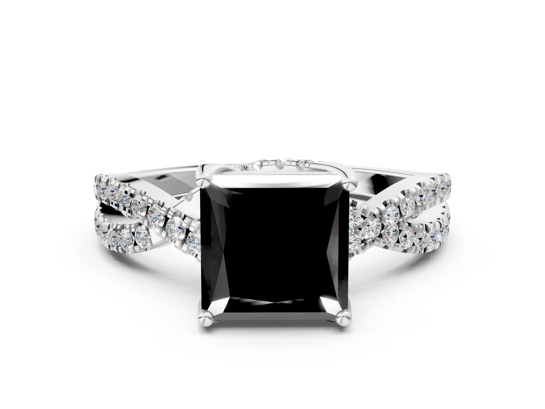 White gold Fancy Black Princess Cut Solitaire Twist Pave Diamond Engagement Ring with Prong Setting_9