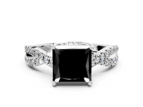 White gold Fancy Black Princess Cut Solitaire Twist Pave Diamond Engagement Ring with Prong Setting