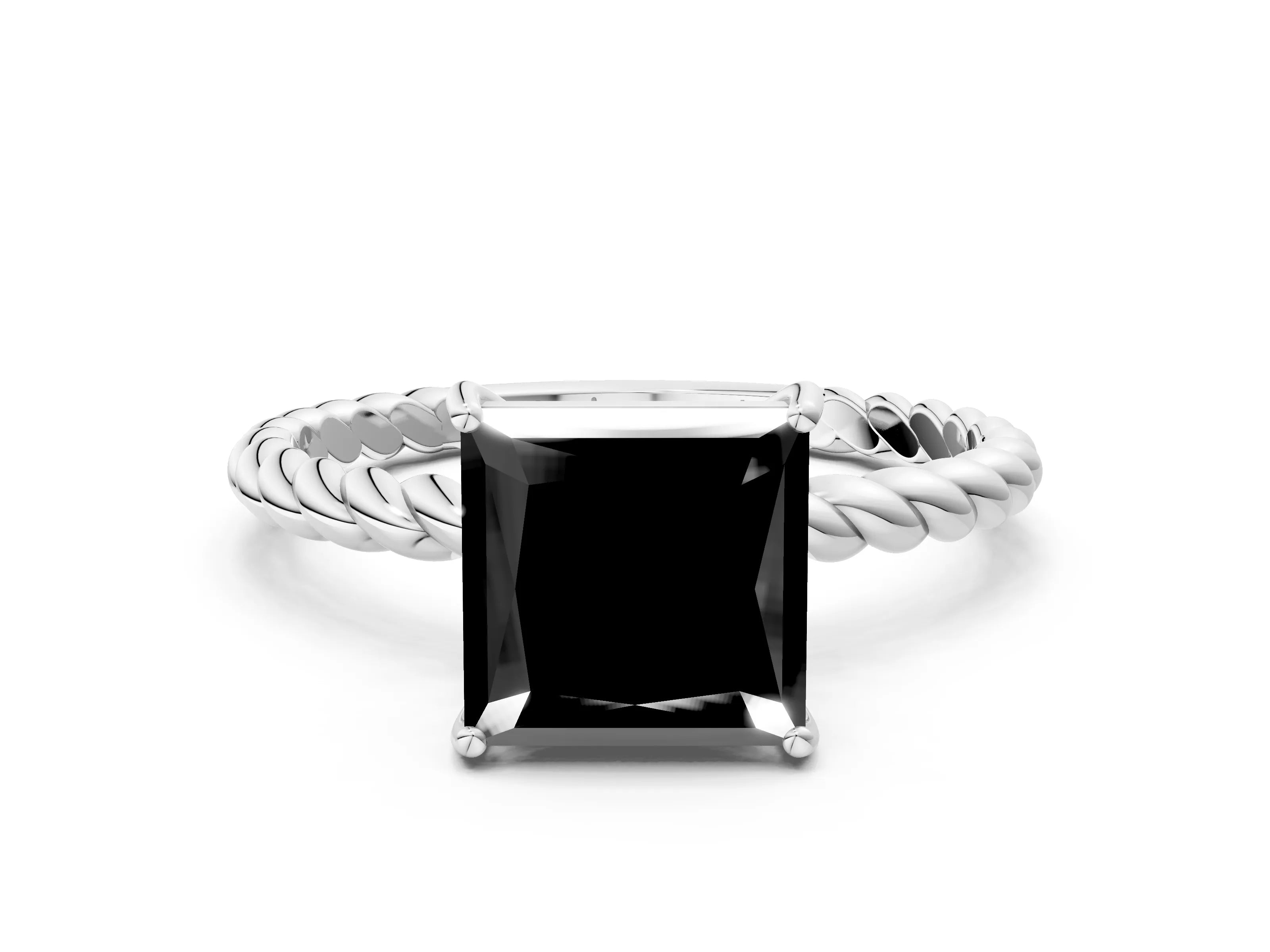 White gold Fancy Black Princess Cut Solitaire Twisted Band 4-Prong Ring_24