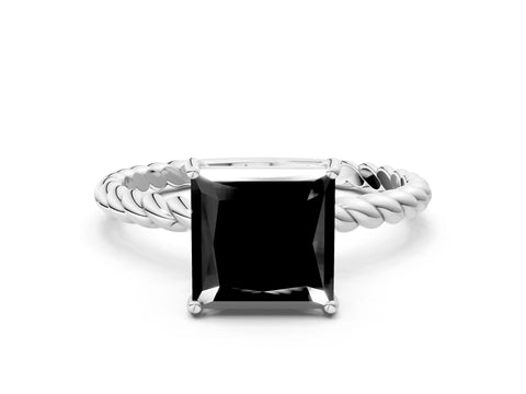White gold Fancy Black Princess Cut Solitaire Twisted Band 4-Prong Ring_24