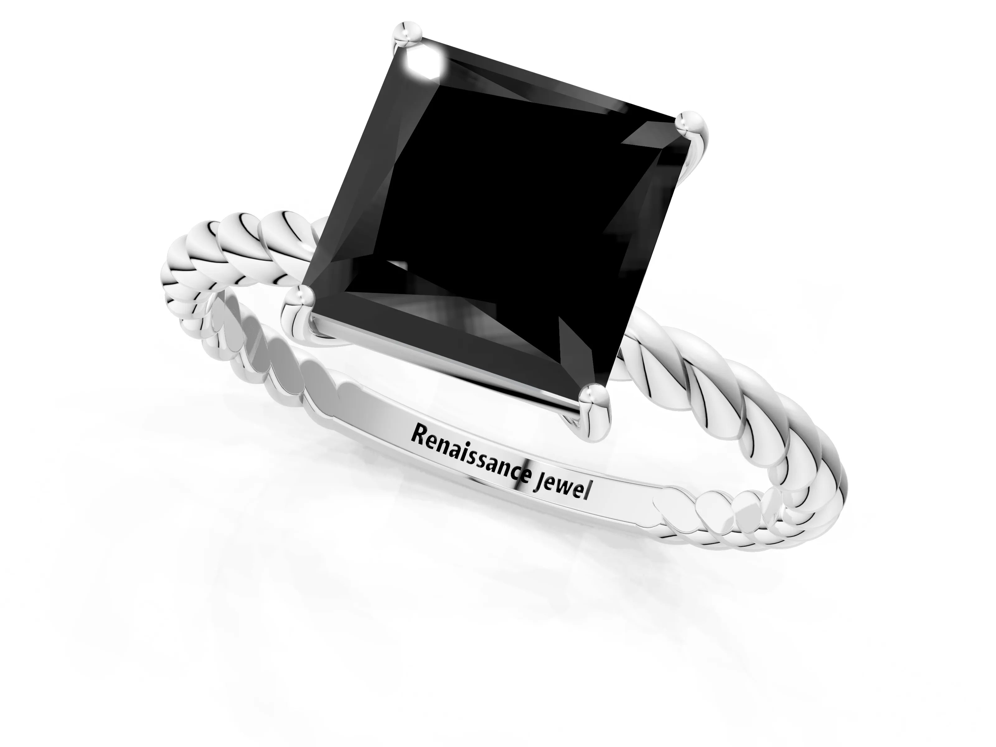 White gold Fancy Black Princess Cut Solitaire Twisted Band 4-Prong Ring_25