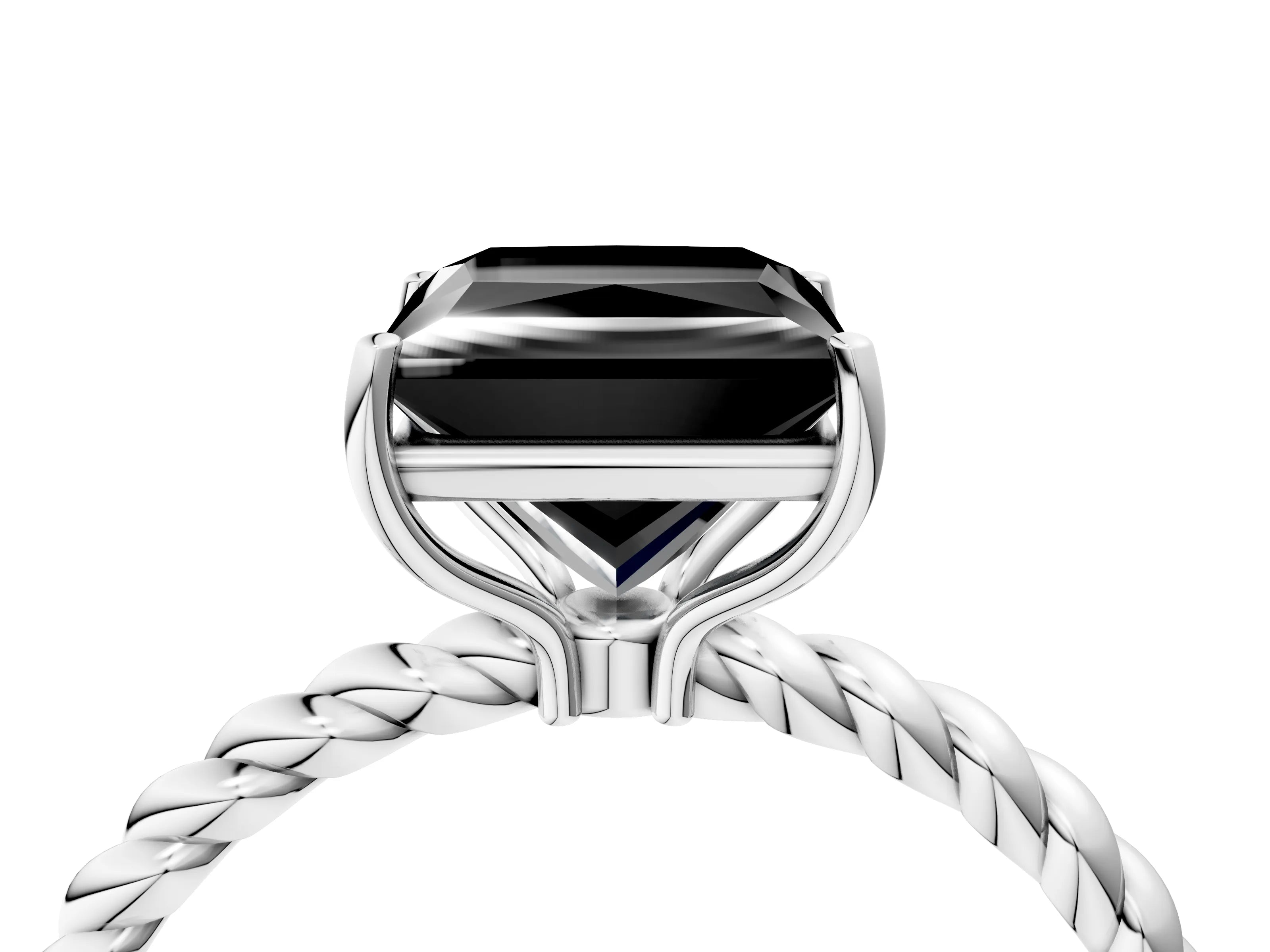 White gold Fancy Black Princess Cut Solitaire Twisted Band 4-Prong Ring_28