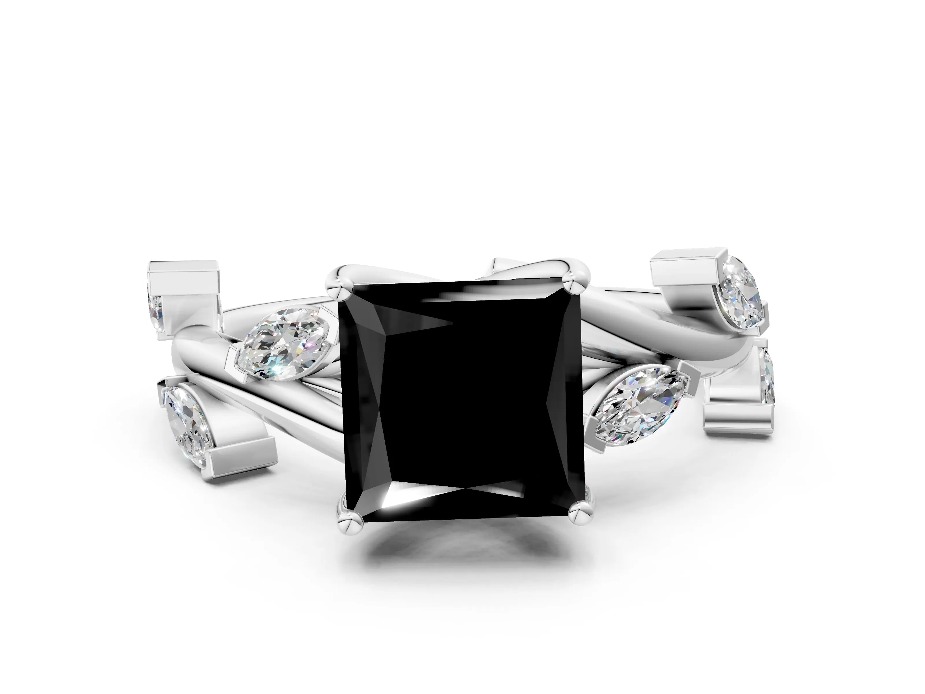 White gold Fancy Black Princess Cut Solitaire Twisted Band Marquise Accent Prong Setting Ring