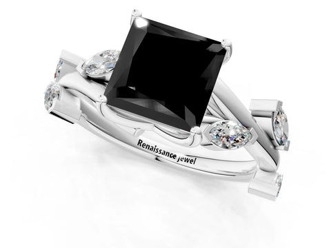 White gold Fancy Black Princess Cut Solitaire Twisted Band Marquise Accent Prong Setting Ring_1