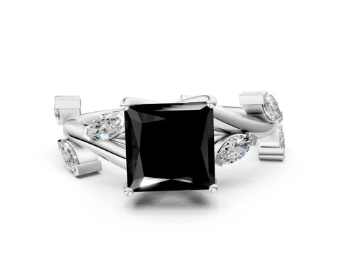 White gold Fancy Black Princess Cut Solitaire Twisted Band Marquise Accent Prong Setting Ring