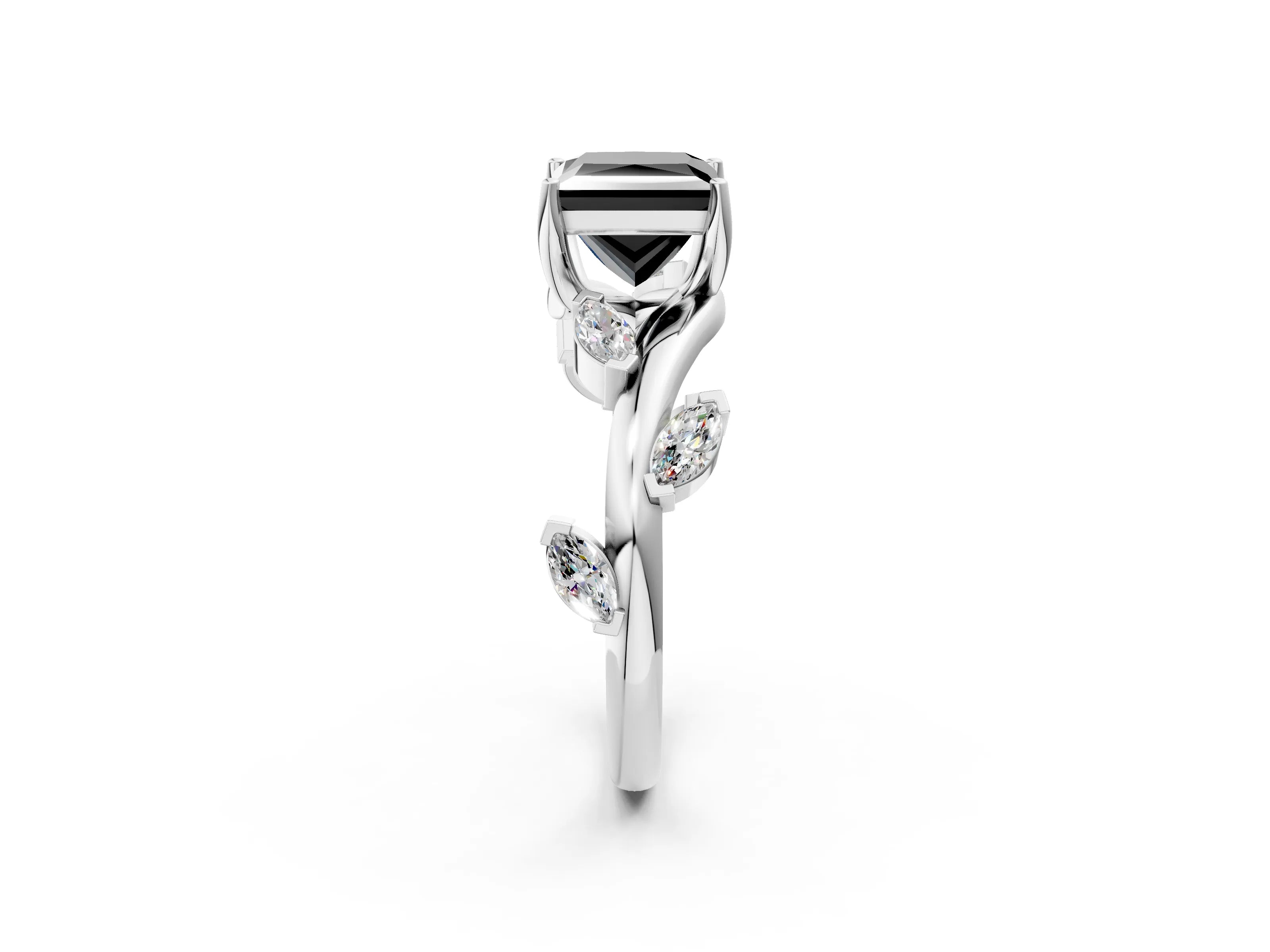 White gold Fancy Black Princess Cut Solitaire Twisted Band Marquise Accent Prong Setting Ring_2