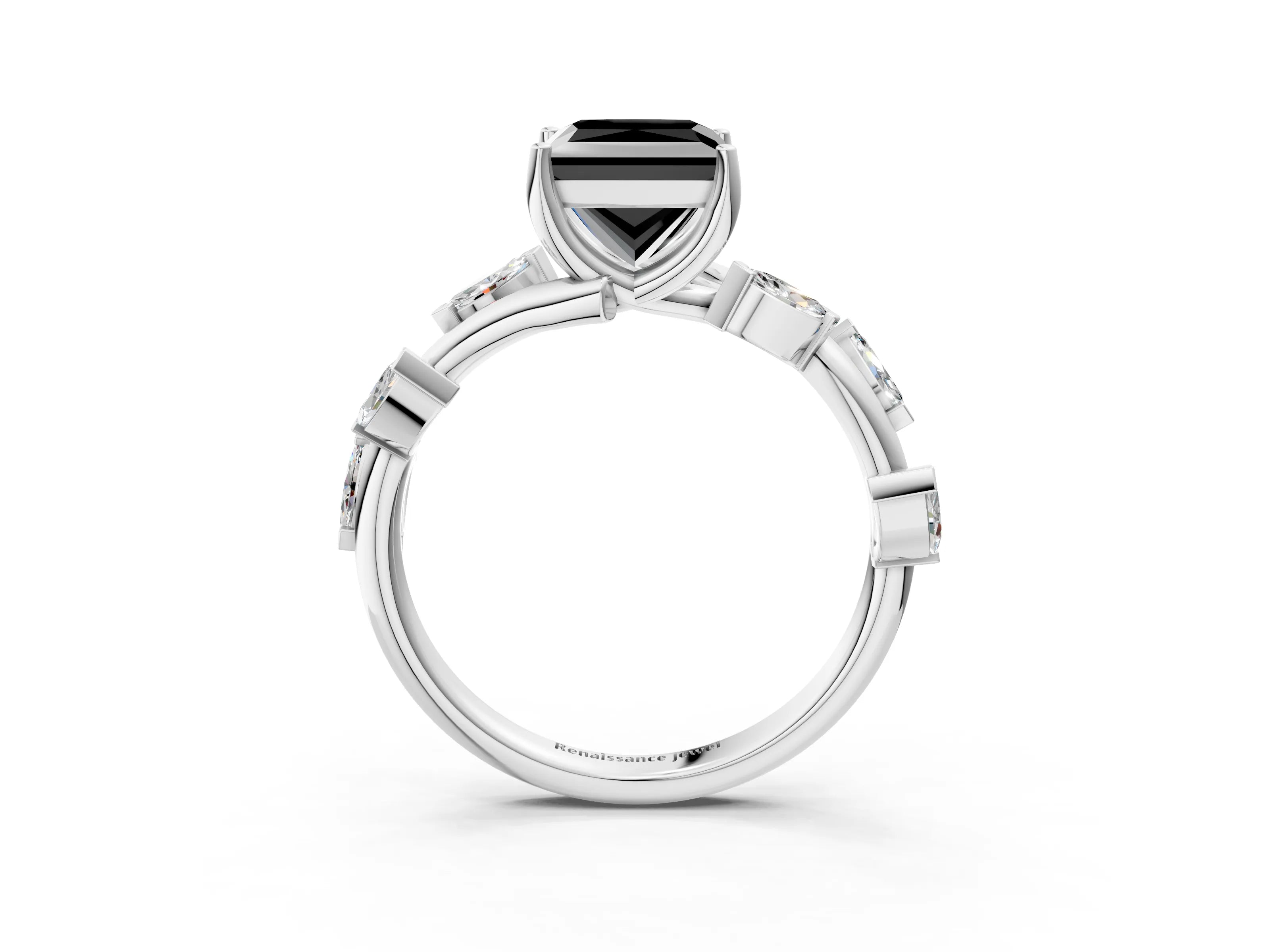 White gold Fancy Black Princess Cut Solitaire Twisted Band Marquise Accent Prong Setting Ring_3