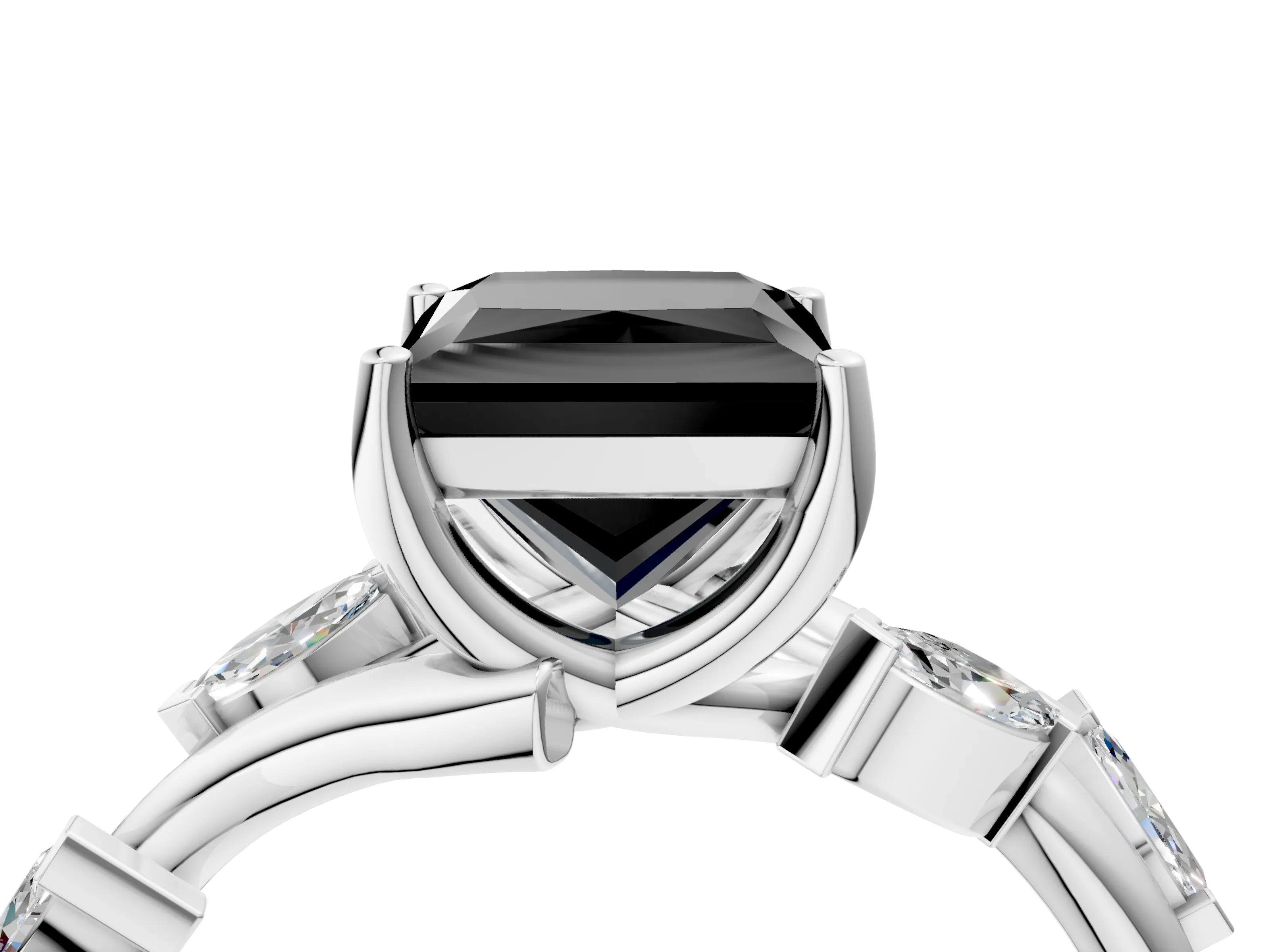 White gold Fancy Black Princess Cut Solitaire Twisted Band Marquise Accent Prong Setting Ring_4
