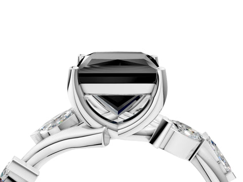 White gold Fancy Black Princess Cut Solitaire Twisted Band Marquise Accent Prong Setting Ring_4