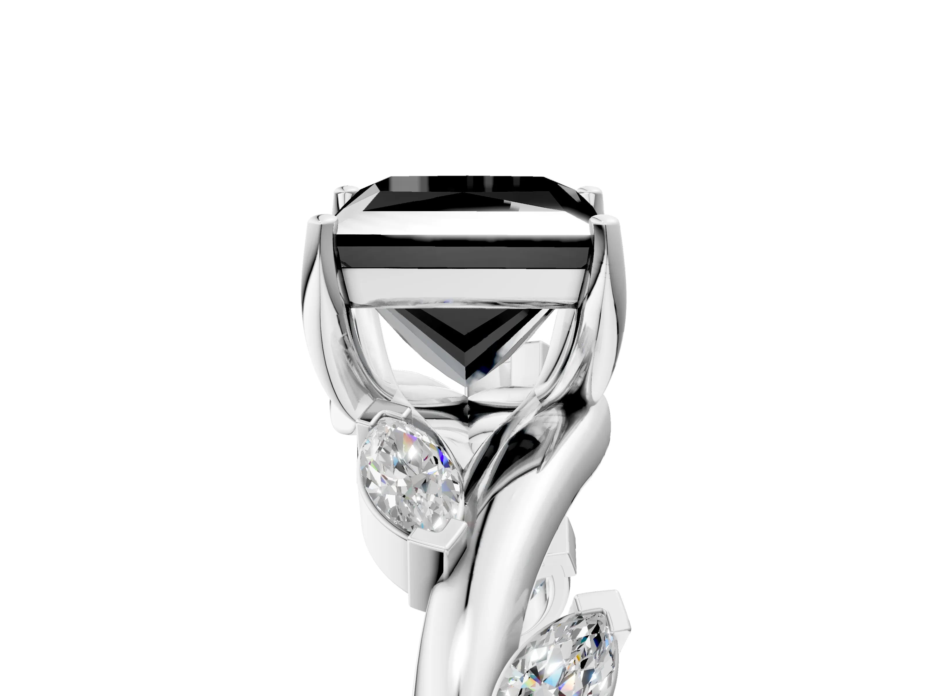 White gold Fancy Black Princess Cut Solitaire Twisted Band Marquise Accent Prong Setting Ring_5