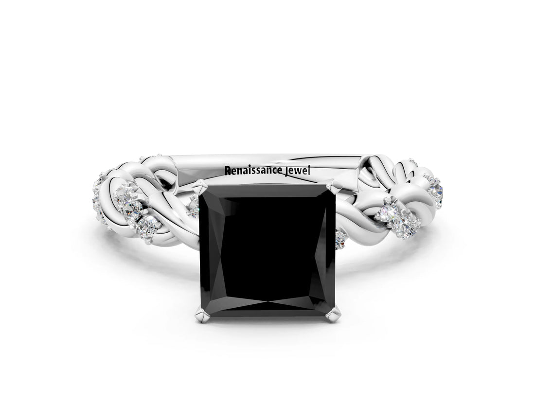 White gold Fancy Black Princess Cut Solitaire Twisted Band with Pavé Accents and Four-Prong Setting