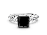 White gold Fancy Black Princess Cut Solitaire Twisted Band with Pavé Accents and Four-Prong Setting