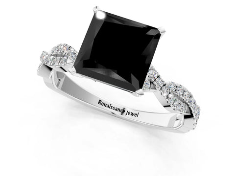 White gold Fancy Black Princess Cut Solitaire Twisted Pave Band with Four-Prong Setting_10