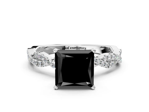 White gold Fancy Black Princess Cut Solitaire Twisted Pave Band with Four-Prong Setting_25