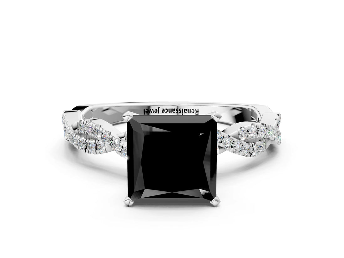 White gold Fancy Black Princess Cut Solitaire Twisted Pave Band with Four-Prong Setting_33