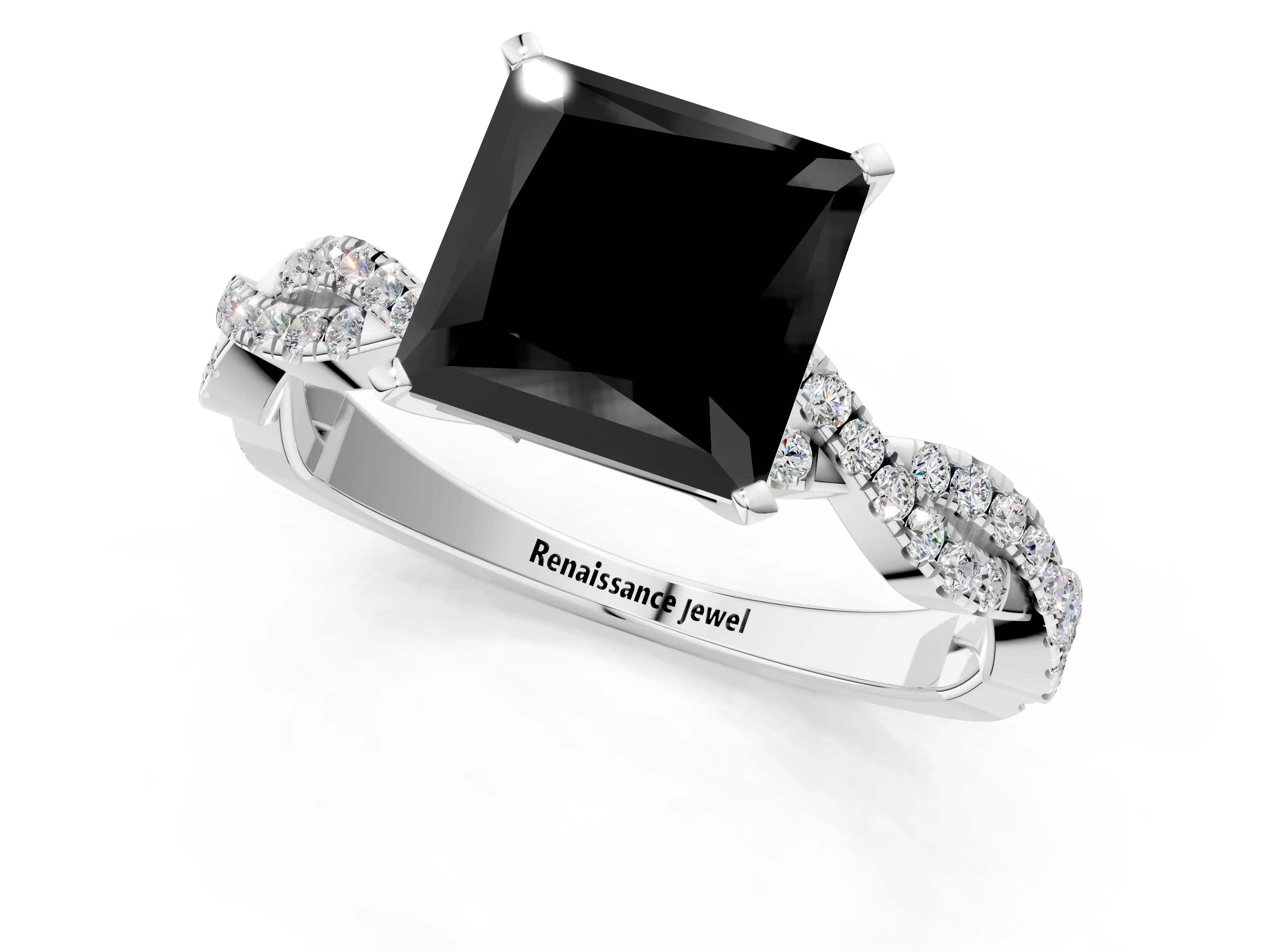White gold Fancy Black Princess Cut Solitaire Twisted Pave Band with Four-Prong Setting_40