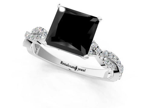 White gold Fancy Black Princess Cut Solitaire Twisted Pave Band with Four-Prong Setting_4