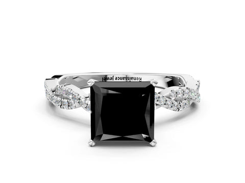 White gold Fancy Black Princess Cut Solitaire Twisted Pave Band with Four-Prong Setting_9