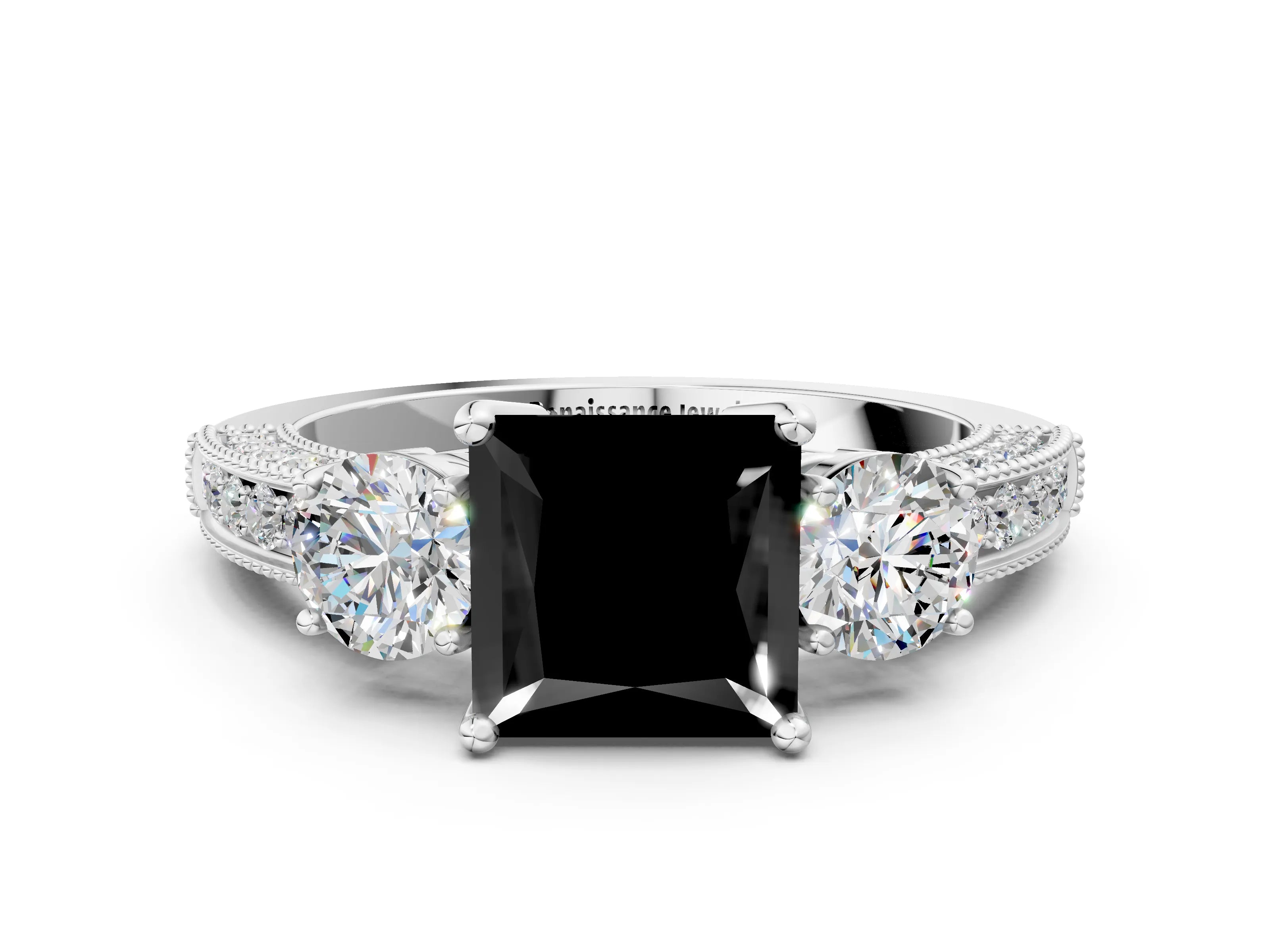 White gold Fancy Black Princess Cut Three-Stone Diamond Ring with Pavé Band and Four-Prong Setting_12