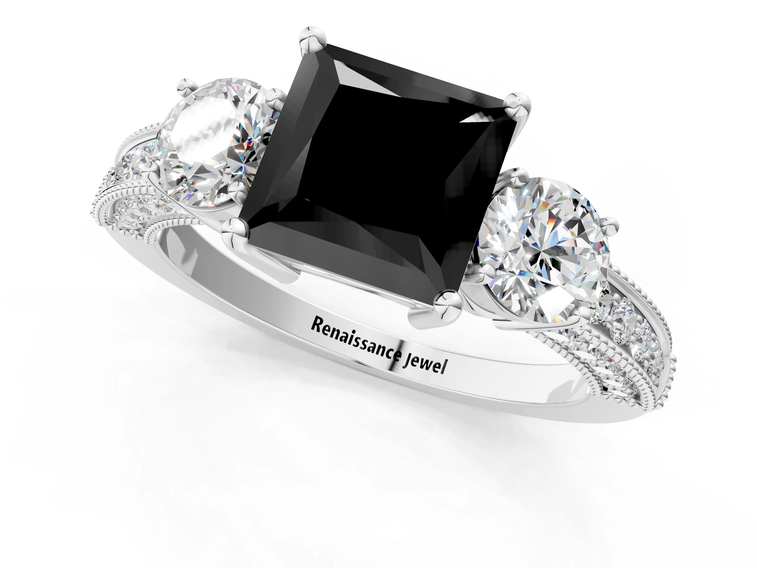 White gold Fancy Black Princess Cut Three-Stone Diamond Ring with Pavé Band and Four-Prong Setting_13