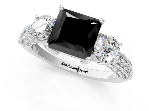 White gold Fancy Black Princess Cut Three-Stone Diamond Ring with Pavé Band and Four-Prong Setting_13