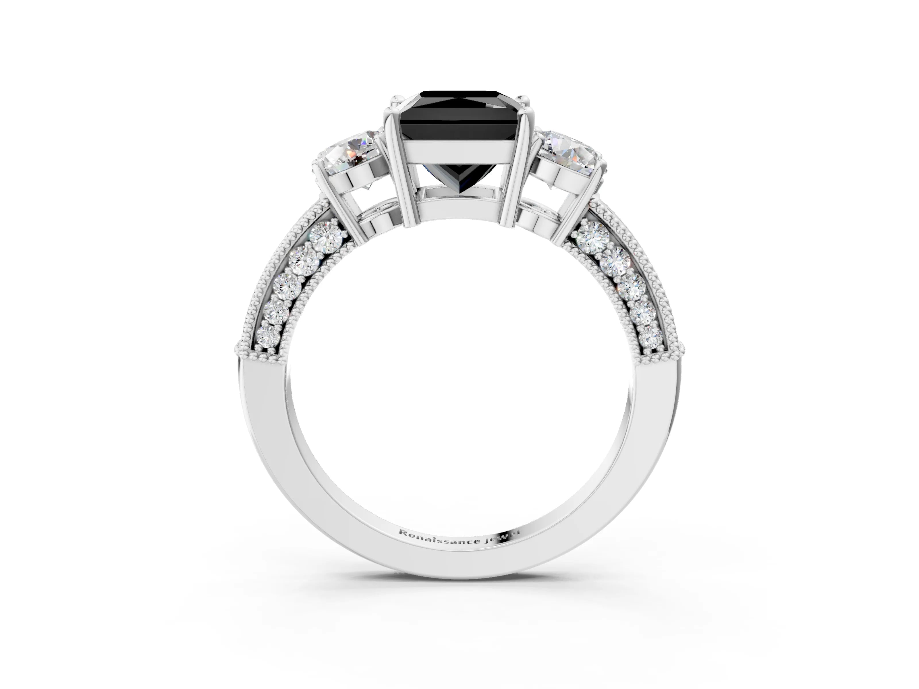 White gold Fancy Black Princess Cut Three-Stone Diamond Ring with Pavé Band and Four-Prong Setting_15