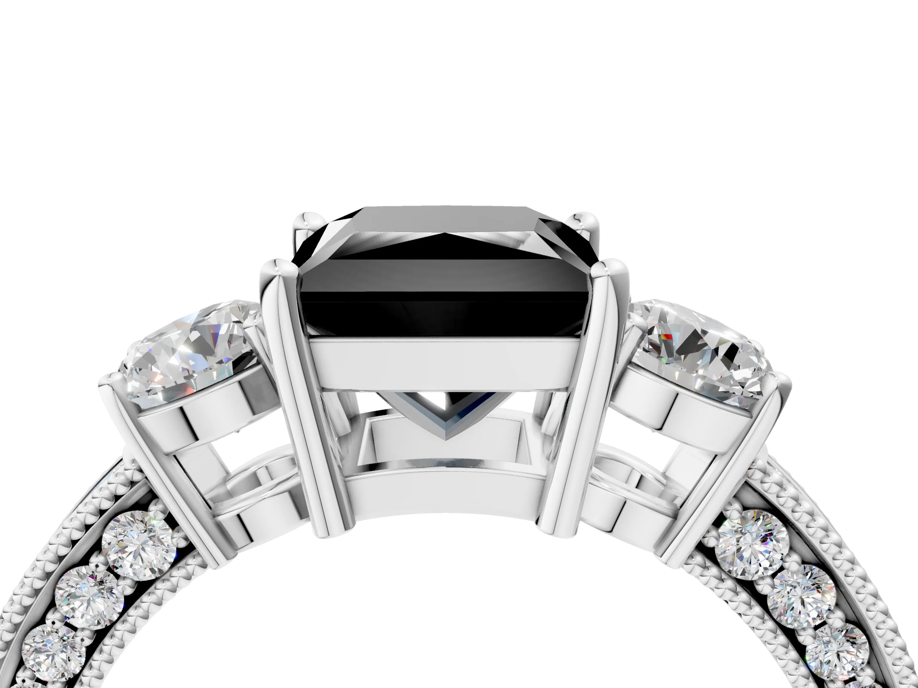 White gold Fancy Black Princess Cut Three-Stone Diamond Ring with Pavé Band and Four-Prong Setting_16