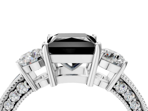 White gold Fancy Black Princess Cut Three-Stone Diamond Ring with Pavé Band and Four-Prong Setting_16