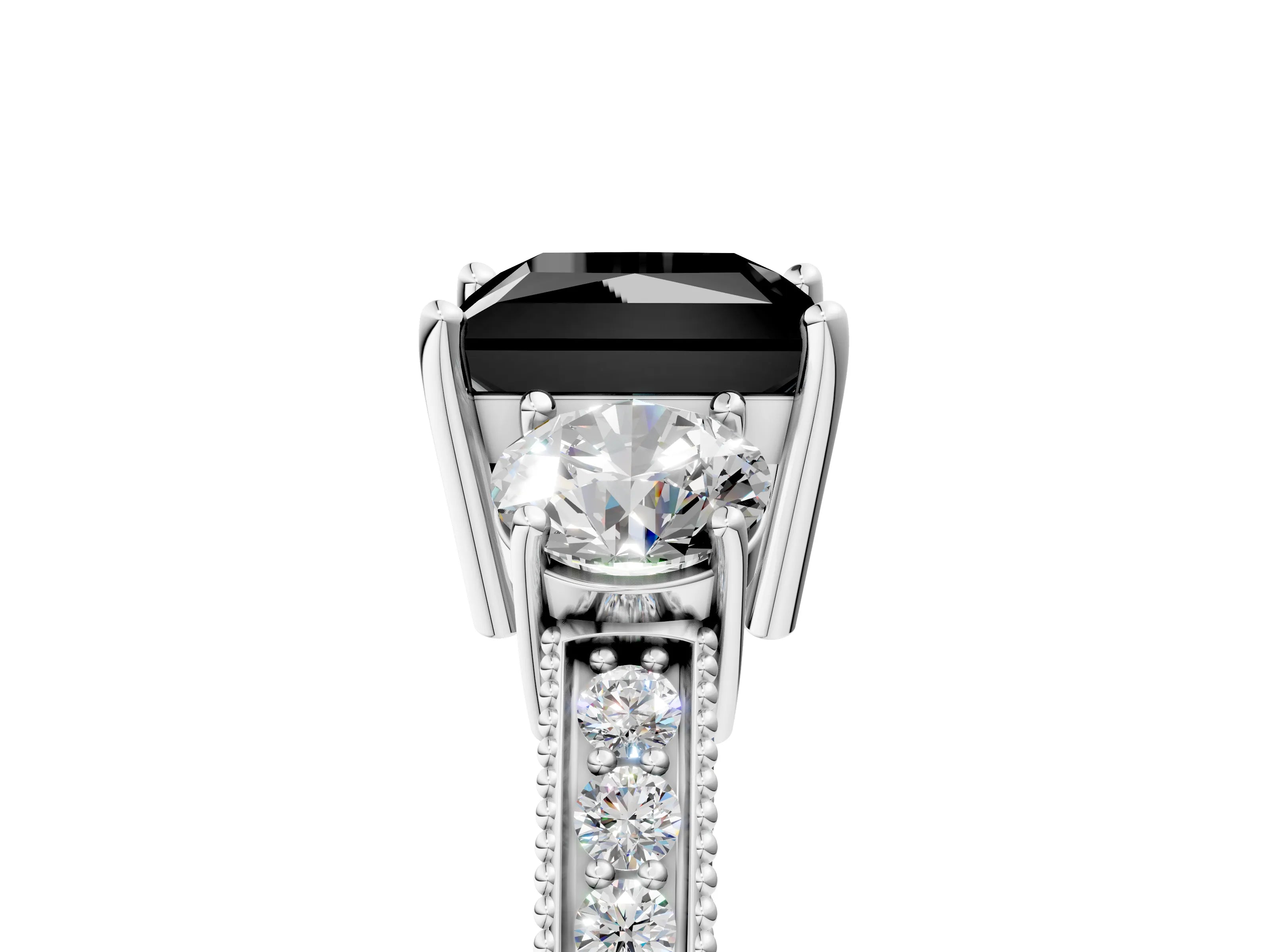 White gold Fancy Black Princess Cut Three-Stone Diamond Ring with Pavé Band and Four-Prong Setting_17