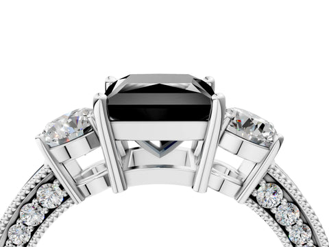 White gold Fancy Black Princess Cut Three-Stone Diamond Ring with Pavé Band and Four-Prong Setting_4