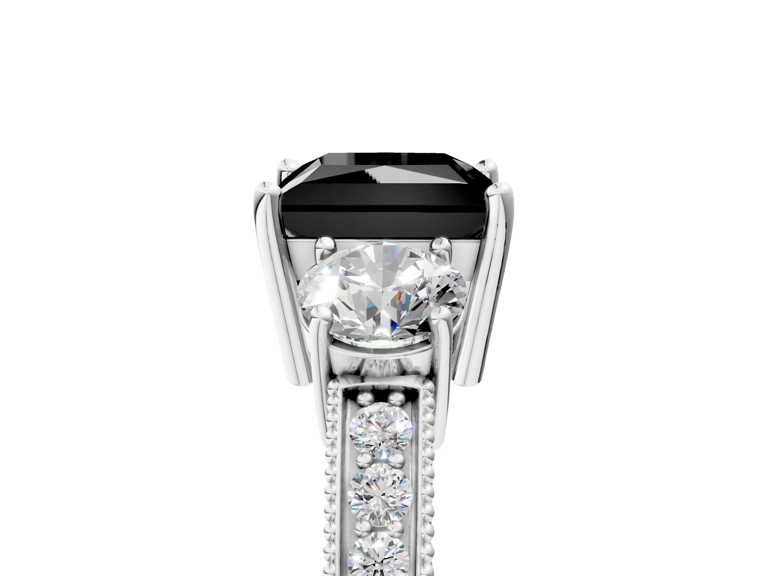 White gold Fancy Black Princess Cut Three-Stone Diamond Ring with Pavé Band and Four-Prong Setting_5