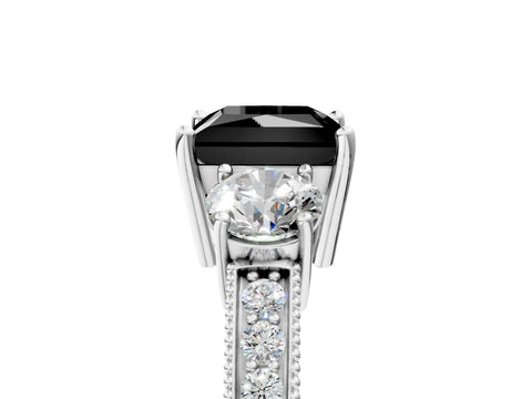 White gold Fancy Black Princess Cut Three-Stone Diamond Ring with Pavé Band and Four-Prong Setting_5