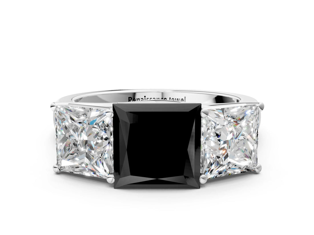 White gold Fancy Black Princess Cut Three-Stone Diamond Ring with Prong Setting on a Classic Band_12
