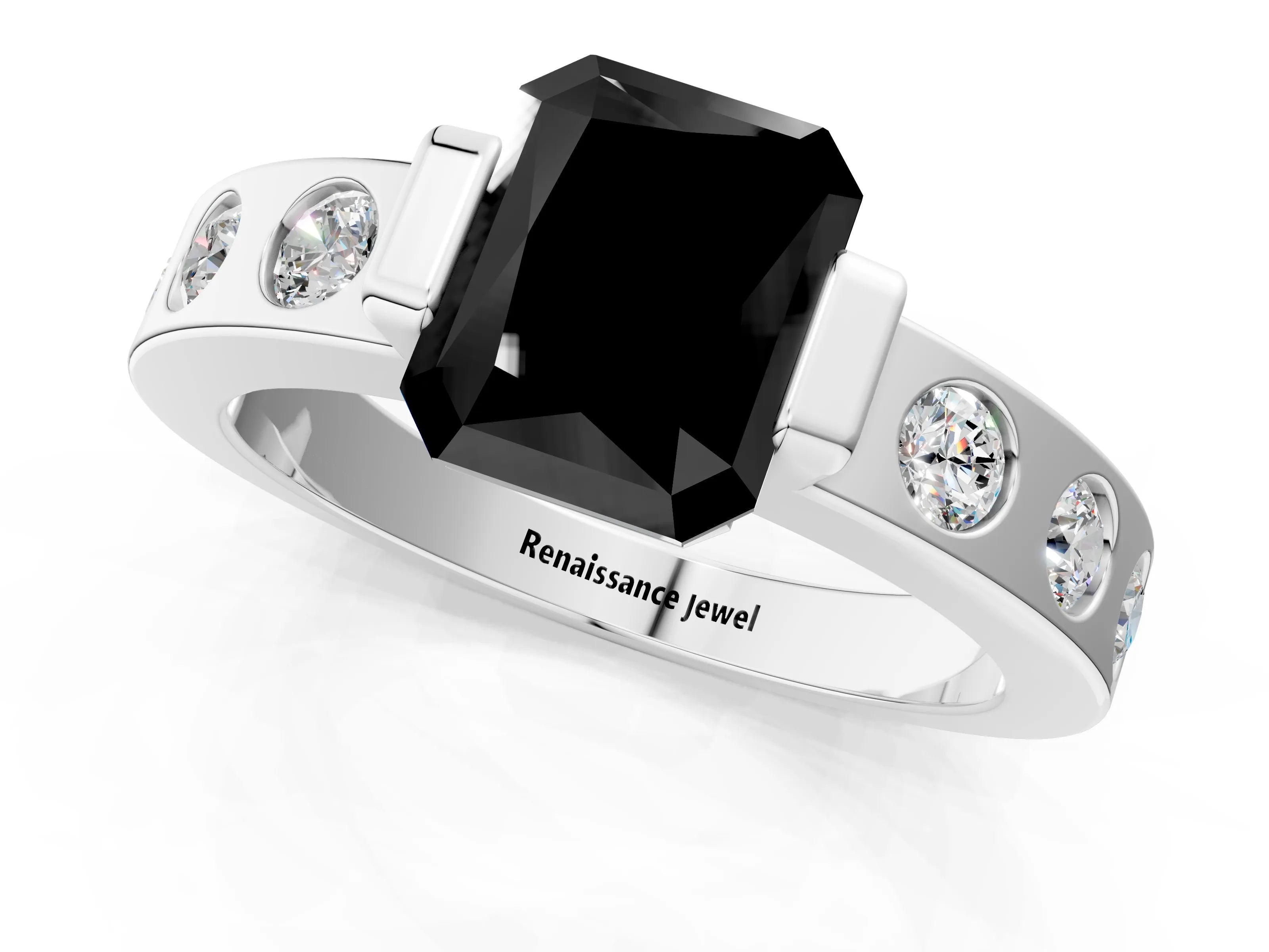 White gold Fancy Black Radiant Cut Brilliant Channel-Set Diamond Ring with Bezel Prong Setting_1