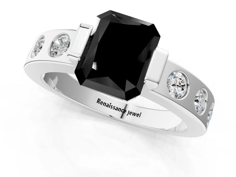White gold Fancy Black Radiant Cut Brilliant Channel-Set Diamond Ring with Bezel Prong Setting_13
