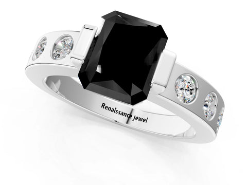 White gold Fancy Black Radiant Cut Brilliant Channel-Set Diamond Ring with Bezel Prong Setting_1