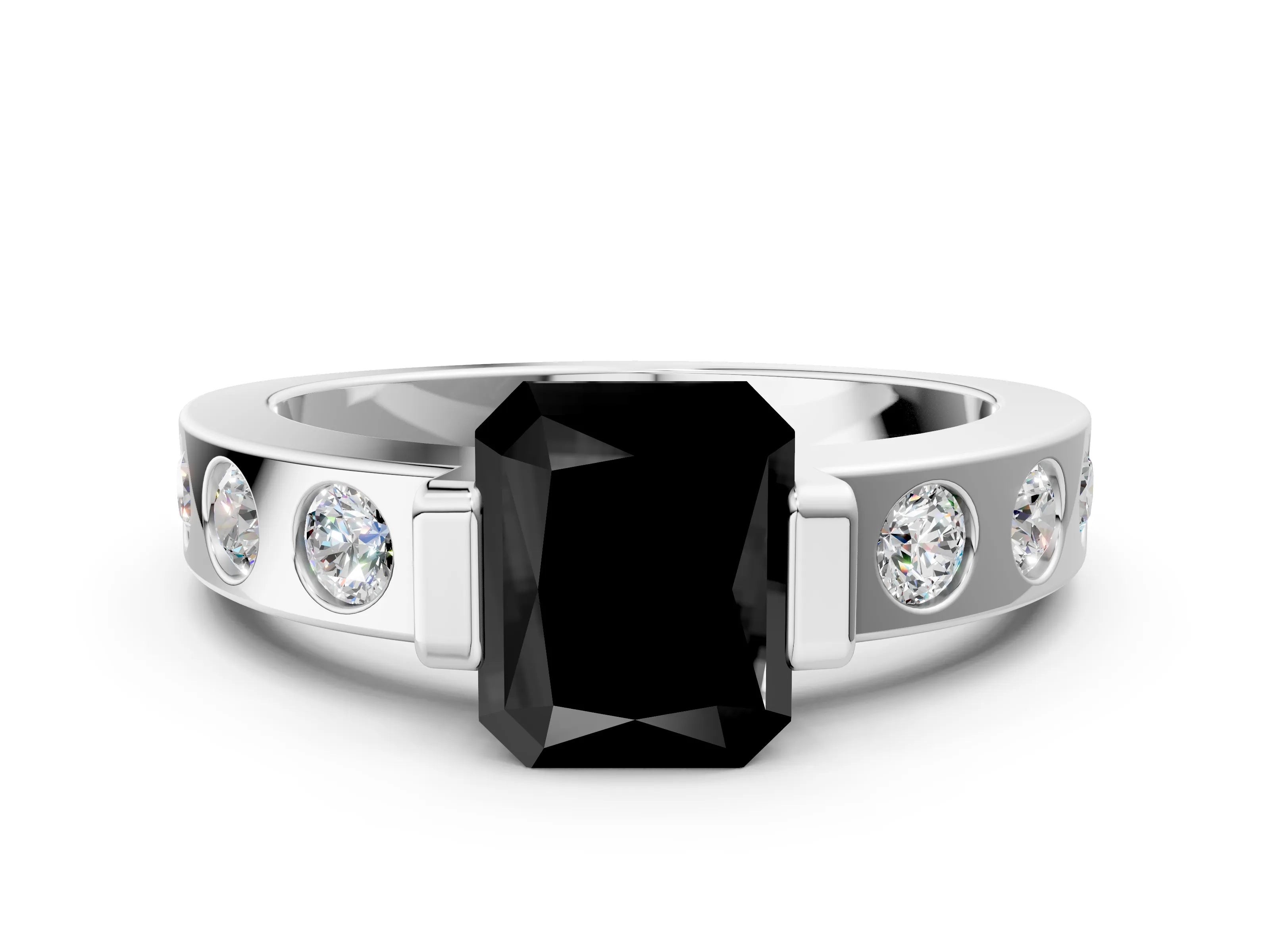 White gold Fancy Black Radiant Cut Brilliant Channel-Set Diamond Ring with Bezel Prong Setting