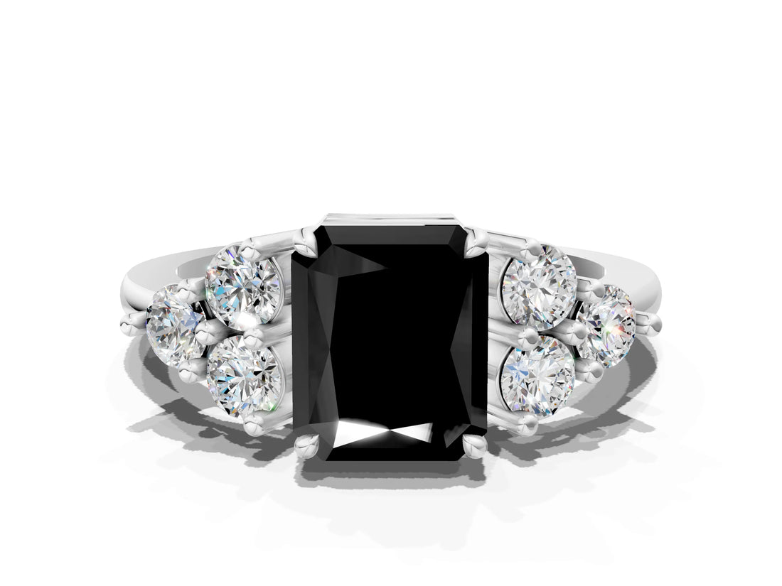 White gold Fancy Black Radiant Cut Brilliant Diamond Cluster Accent Solitaire Ring with Prong Setting_12
