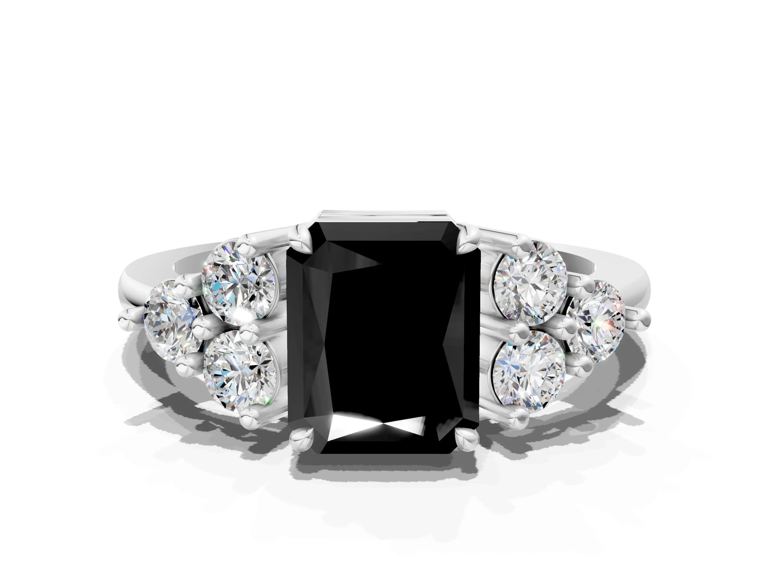 White gold Fancy Black Radiant Cut Brilliant Diamond Cluster Accent Solitaire Ring with Prong Setting_12