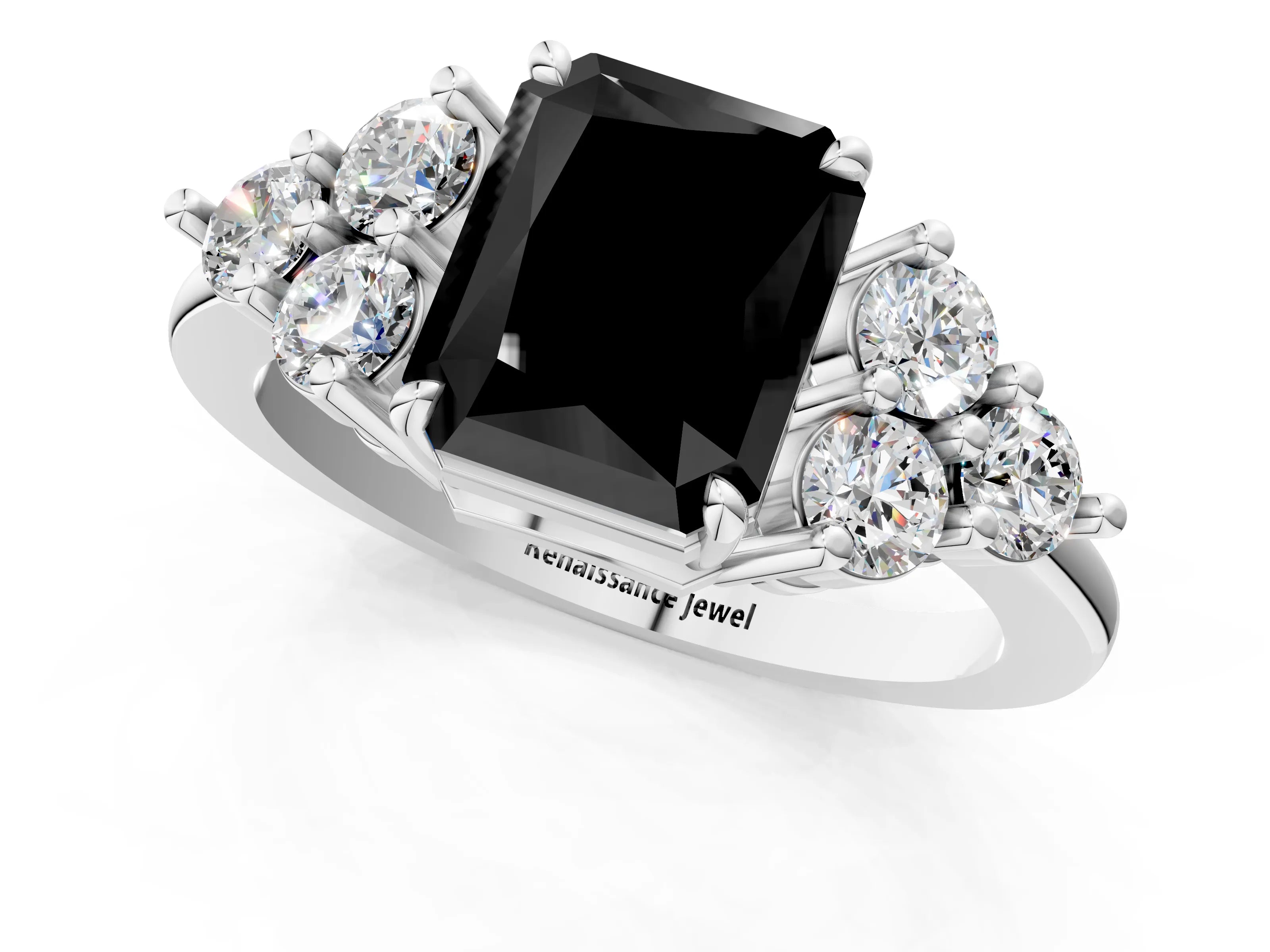 White gold Fancy Black Radiant Cut Brilliant Diamond Cluster Accent Solitaire Ring with Prong Setting_13