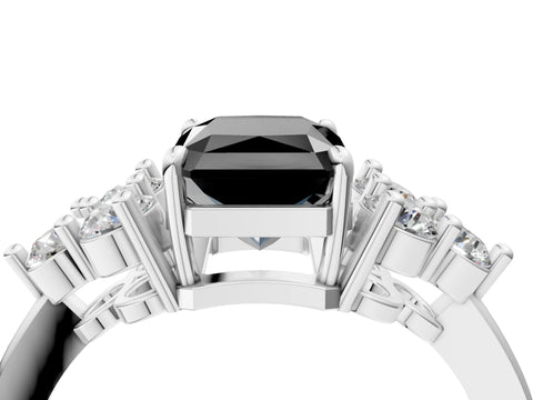 White gold Fancy Black Radiant Cut Brilliant Diamond Cluster Accent Solitaire Ring with Prong Setting_16