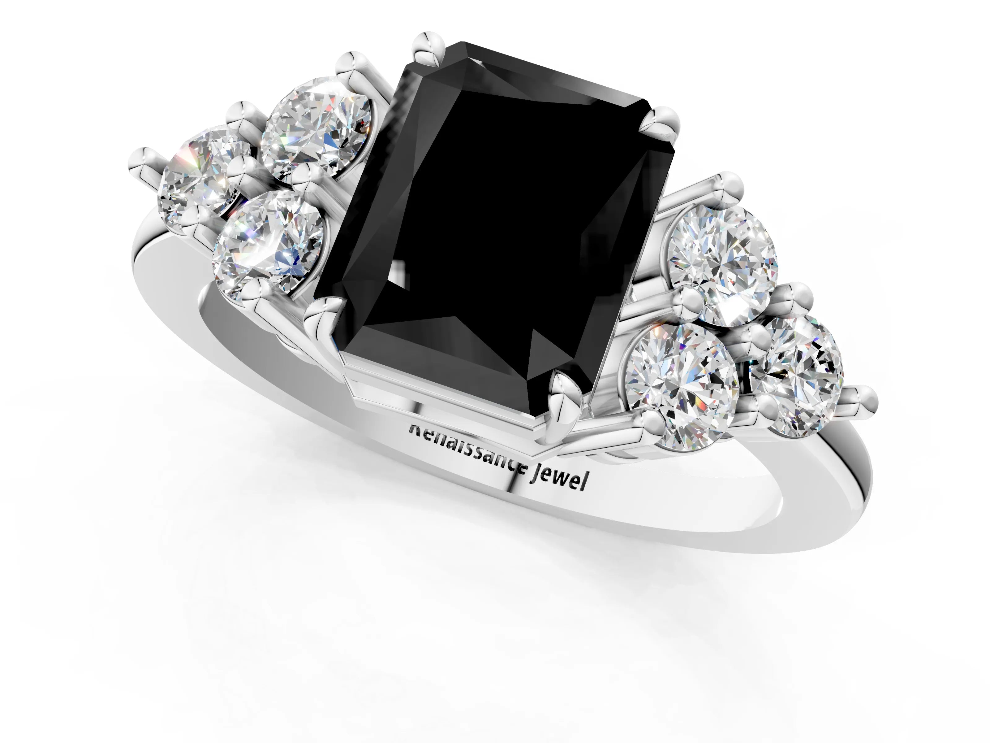 White gold Fancy Black Radiant Cut Brilliant Diamond Cluster Accent Solitaire Ring with Prong Setting_1