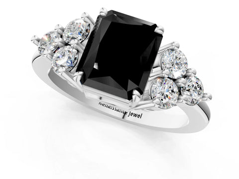 White gold Fancy Black Radiant Cut Brilliant Diamond Cluster Accent Solitaire Ring with Prong Setting_1
