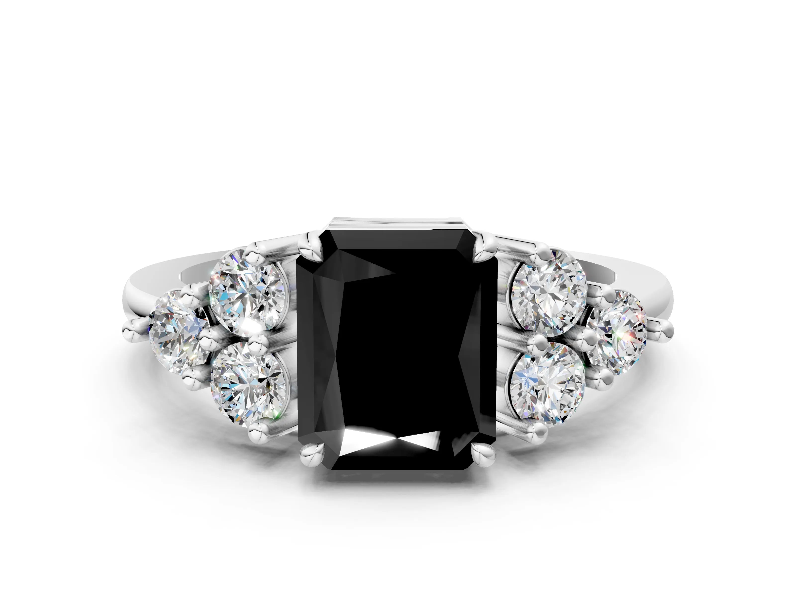 White gold Fancy Black Radiant Cut Brilliant Diamond Cluster Accent Solitaire Ring with Prong Setting